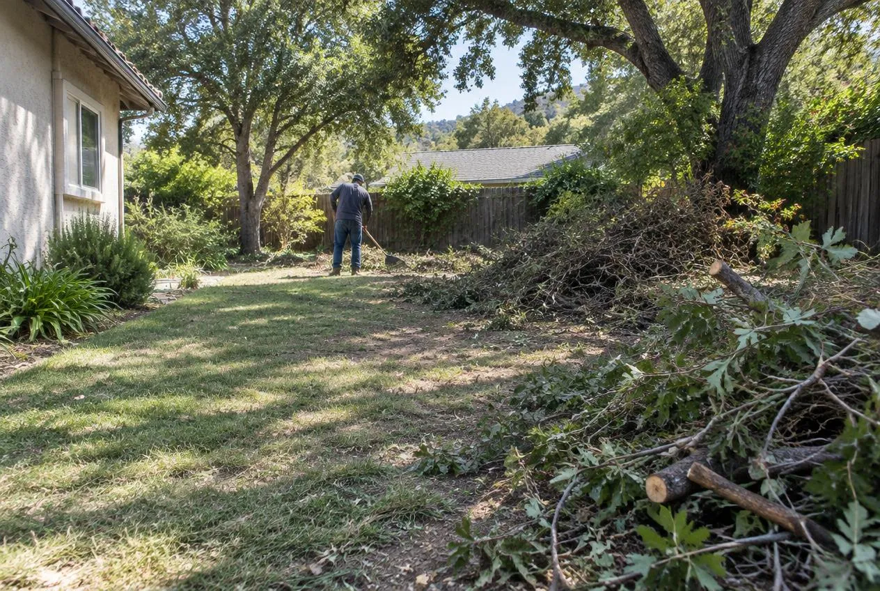 Overgrown backyard mid-cleanup with piles of branches and yard debris
