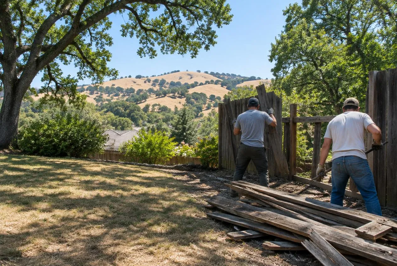 Two workers tearing down an old wooden backyard fence during demolition