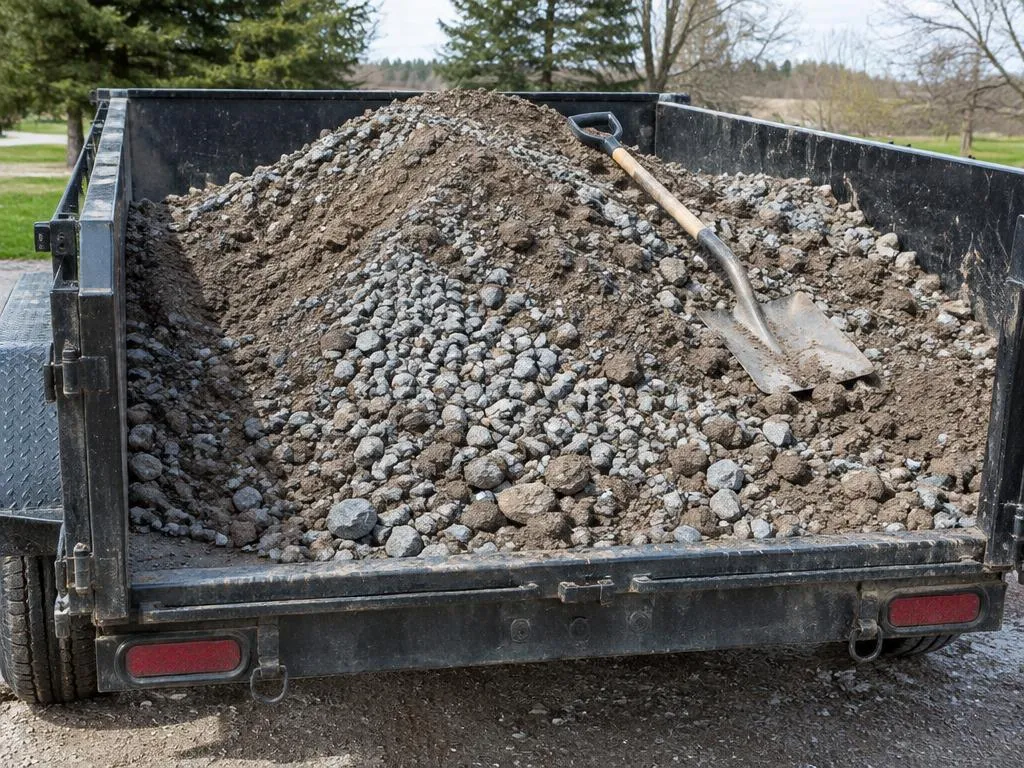 Open trailer heaped with gravel and dirt with a shovel resting on top