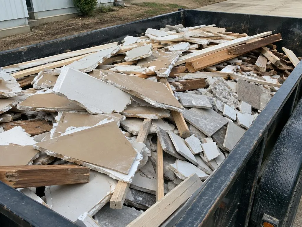 Trailer bed full of broken drywall, lumber offcuts, and tile scraps from construction cleanup