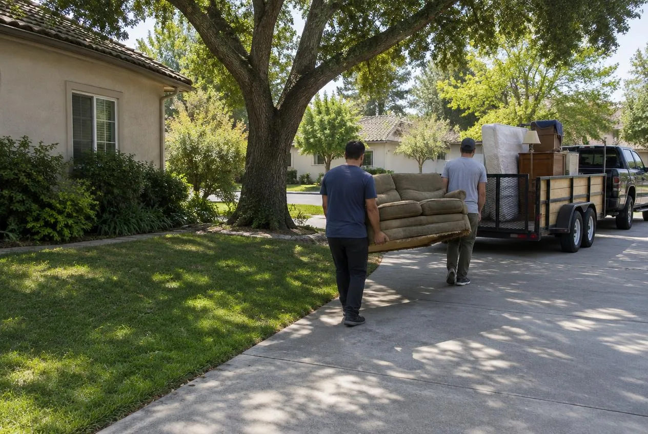 Two workers carrying an old couch to a junk removal trailer in a residential driveway