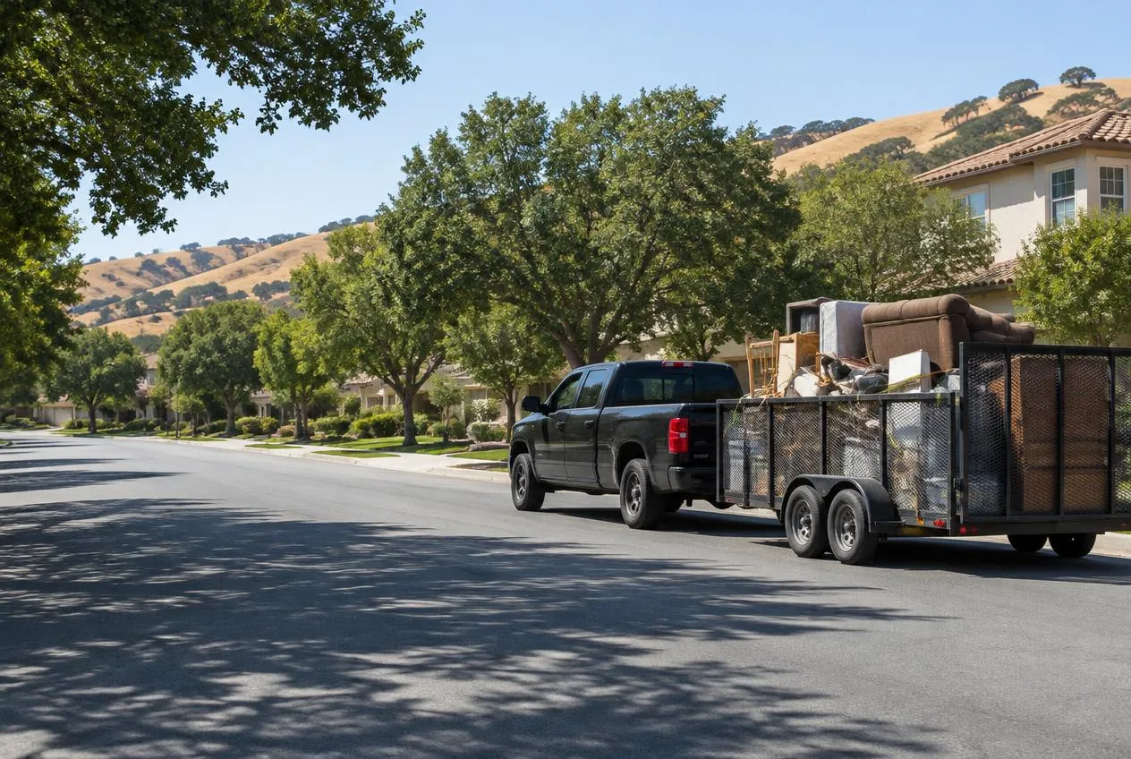 Black pickup towing a trailer loaded with junk down a suburban Sacramento-area street