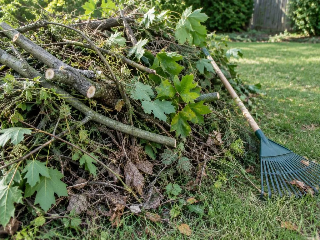 Pile of cut branches, leaves, and yard debris on a lawn next to a rake