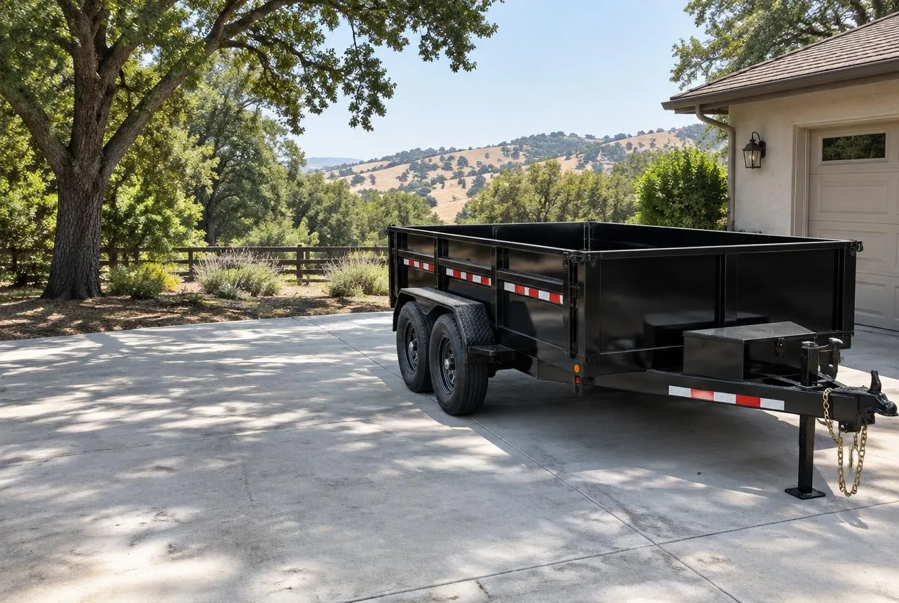 Empty black dump trailer rental parked on a residential driveway, ready to be filled