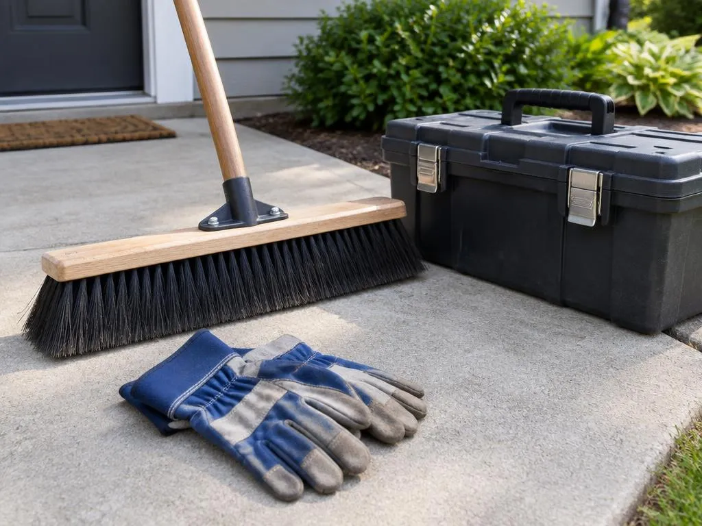 Work gloves, push broom, and toolbox on a clean walkway during property cleanup
