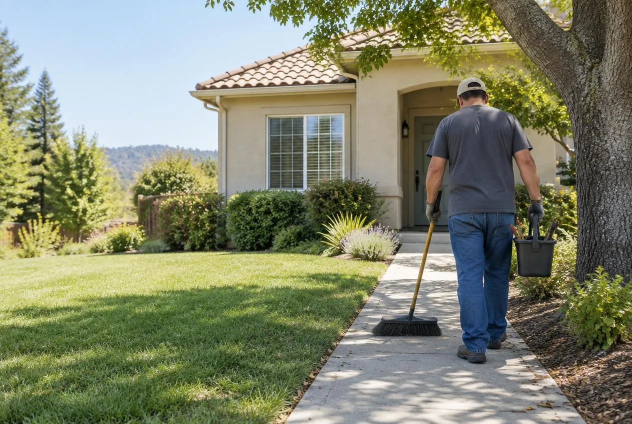 Worker with tools during property cleanup outside a home