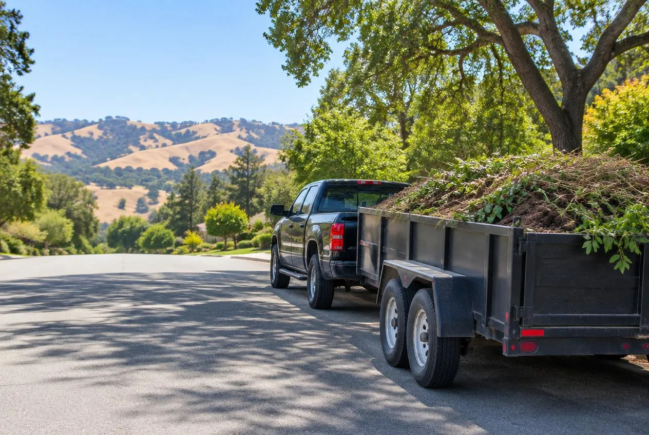 Pickup truck and trailer loaded with dirt and green waste on a suburban street