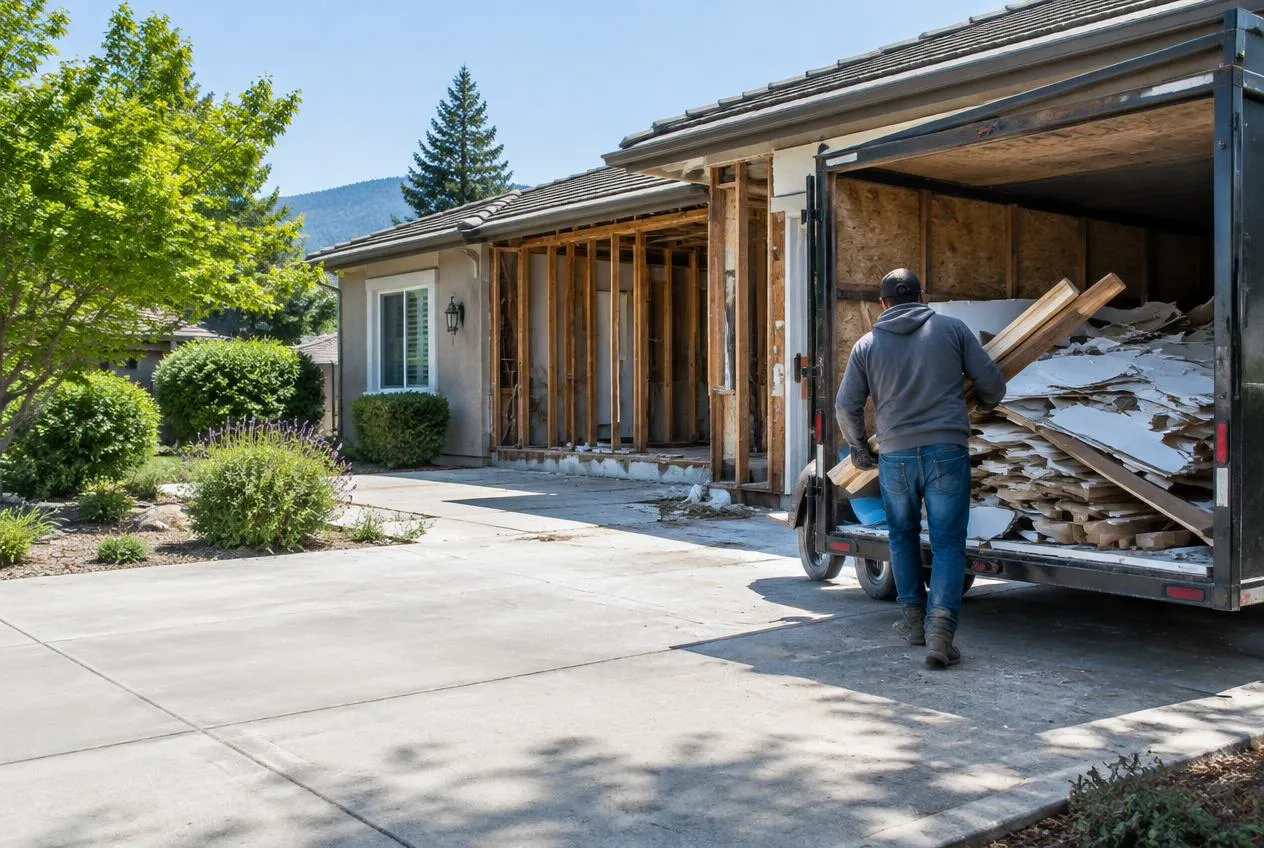 Worker loading drywall scraps and lumber into a trailer at a home remodel job site