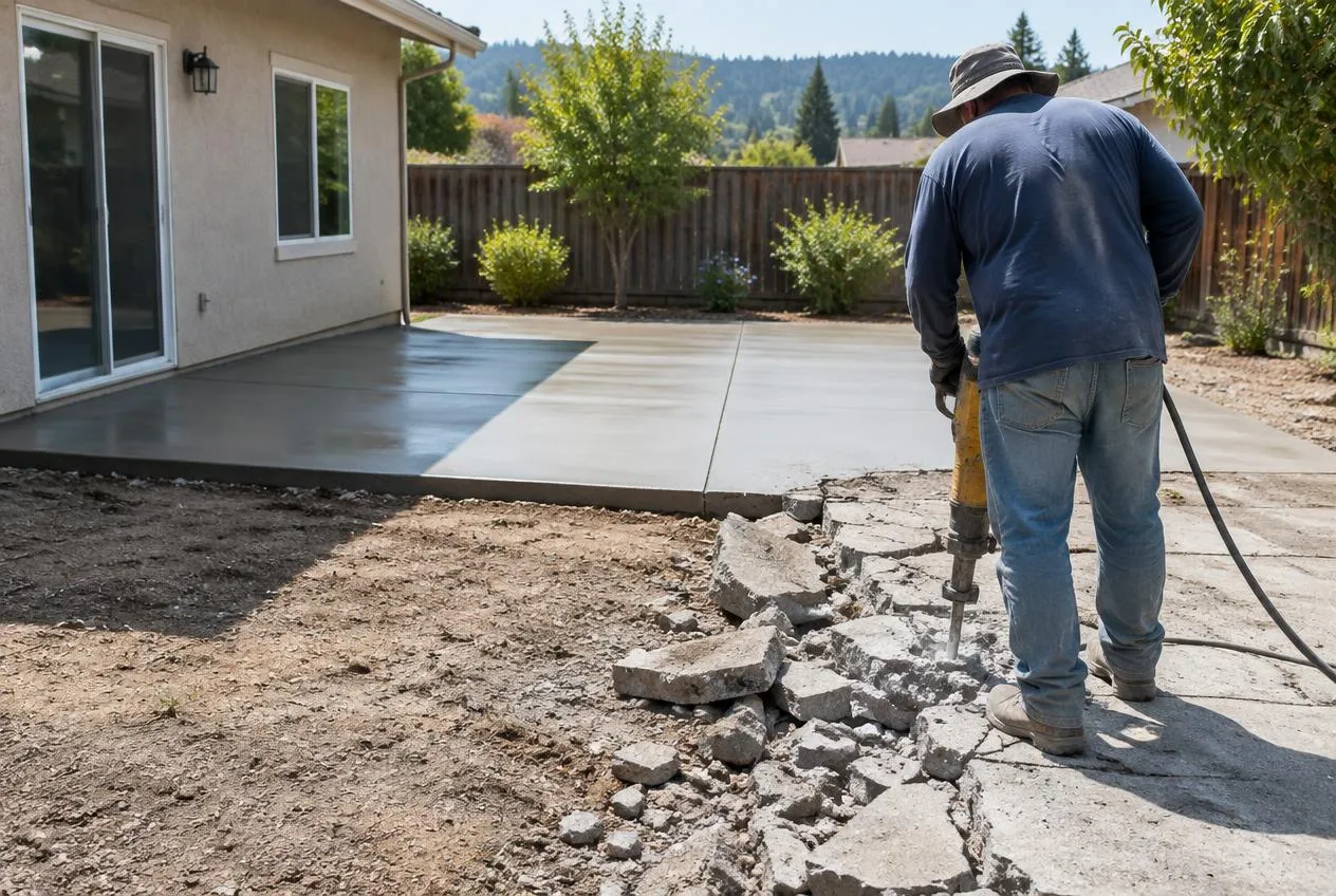 Worker breaking out an old concrete slab with a fresh concrete patio behind