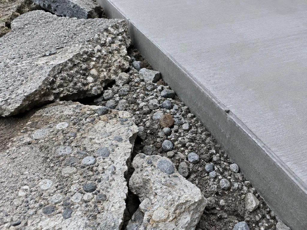 Broken chunks of old concrete next to the edge of a freshly poured concrete pad