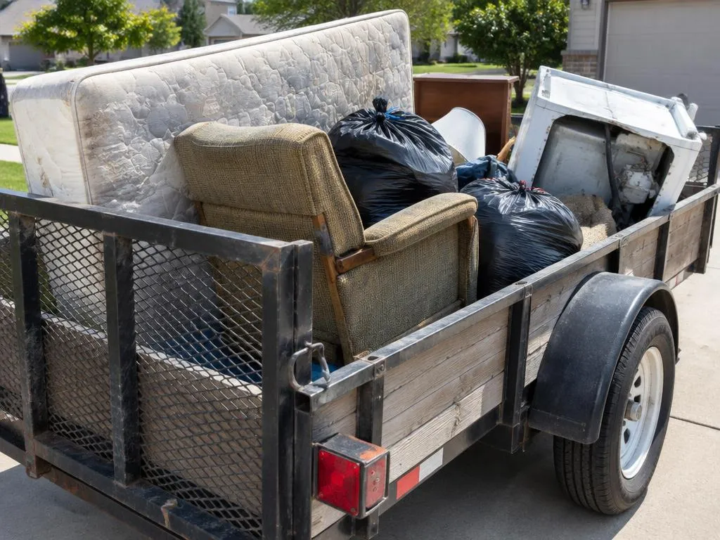 Open trailer loaded with a mattress, armchair, bagged junk and an old appliance