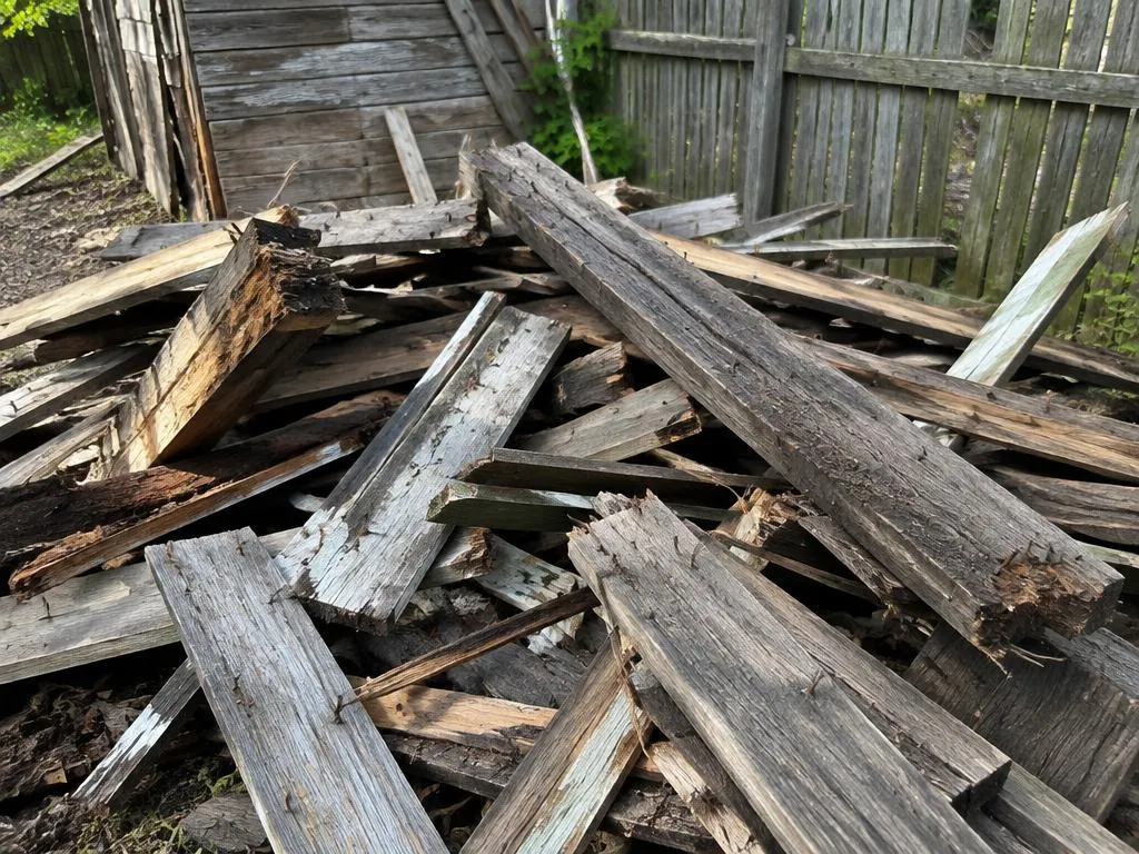 Pile of weathered boards from a demolished shed and fence in a backyard