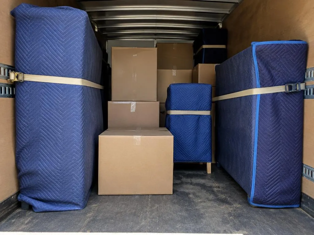 Furniture wrapped in moving blankets and boxes strapped inside a trailer