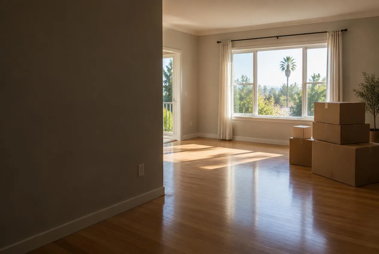 Partly cleared living room with a few boxes stacked during an estate cleanout