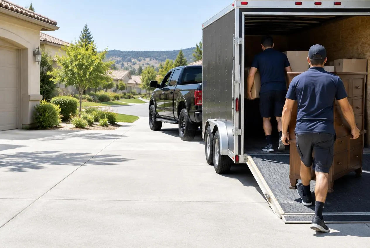 Workers loading a dresser and moving boxes into a trailer in a residential driveway