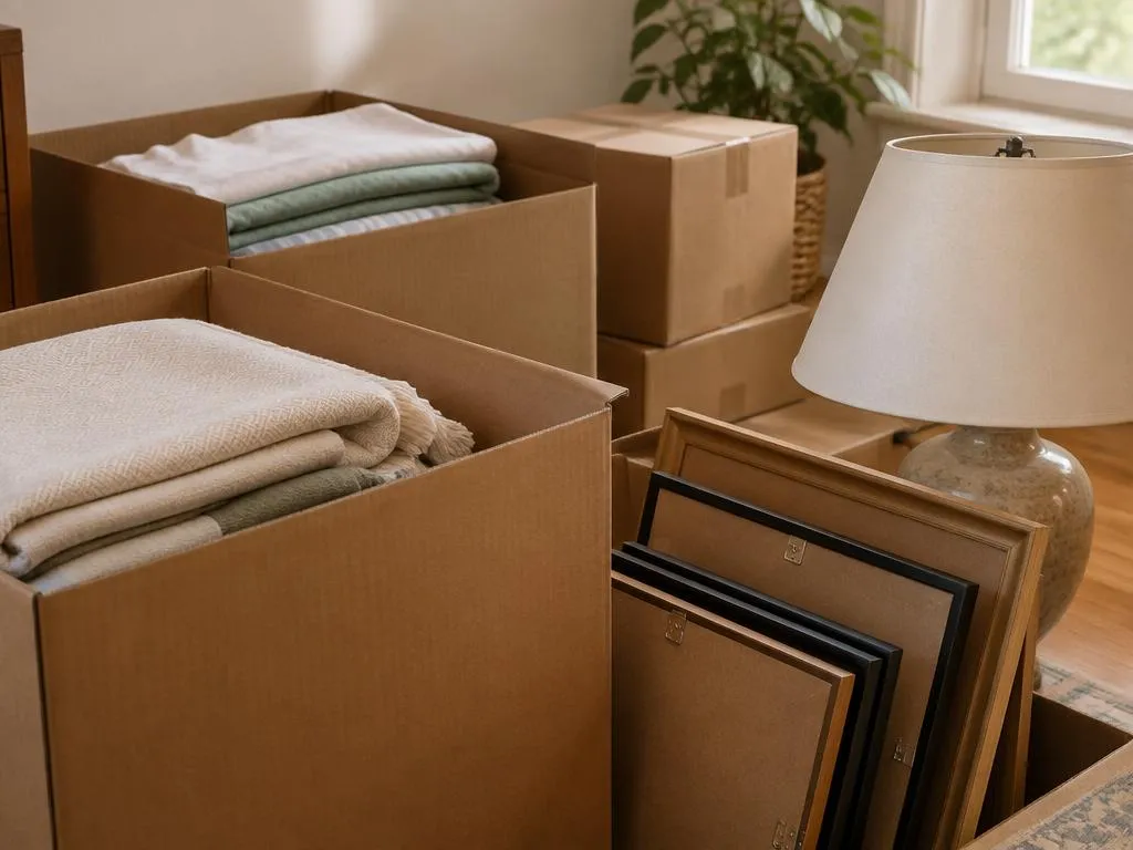 Cardboard boxes of folded linens and framed pictures sorted during an estate cleanout